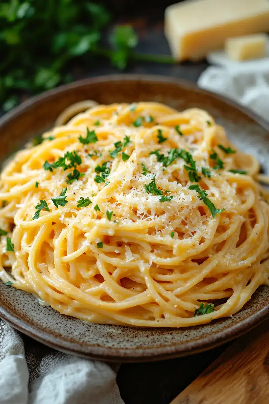 Close-up of creamy garlic cheese pasta in a white bowl with a sprinkle of herbs