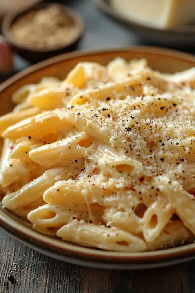 Close-up of creamy garlic cheese pasta in a white bowl with parsley garnish
