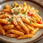 Close-up of creamy one pot paprika pasta with visible textures and warm lighting