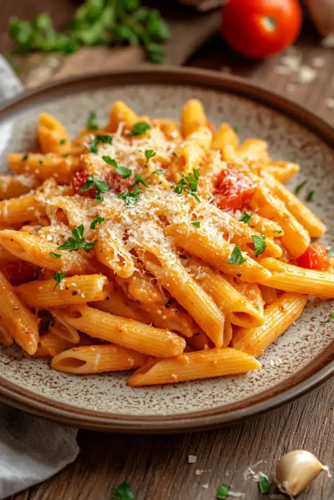 Close-up of creamy one pot paprika pasta with visible textures and warm lighting
