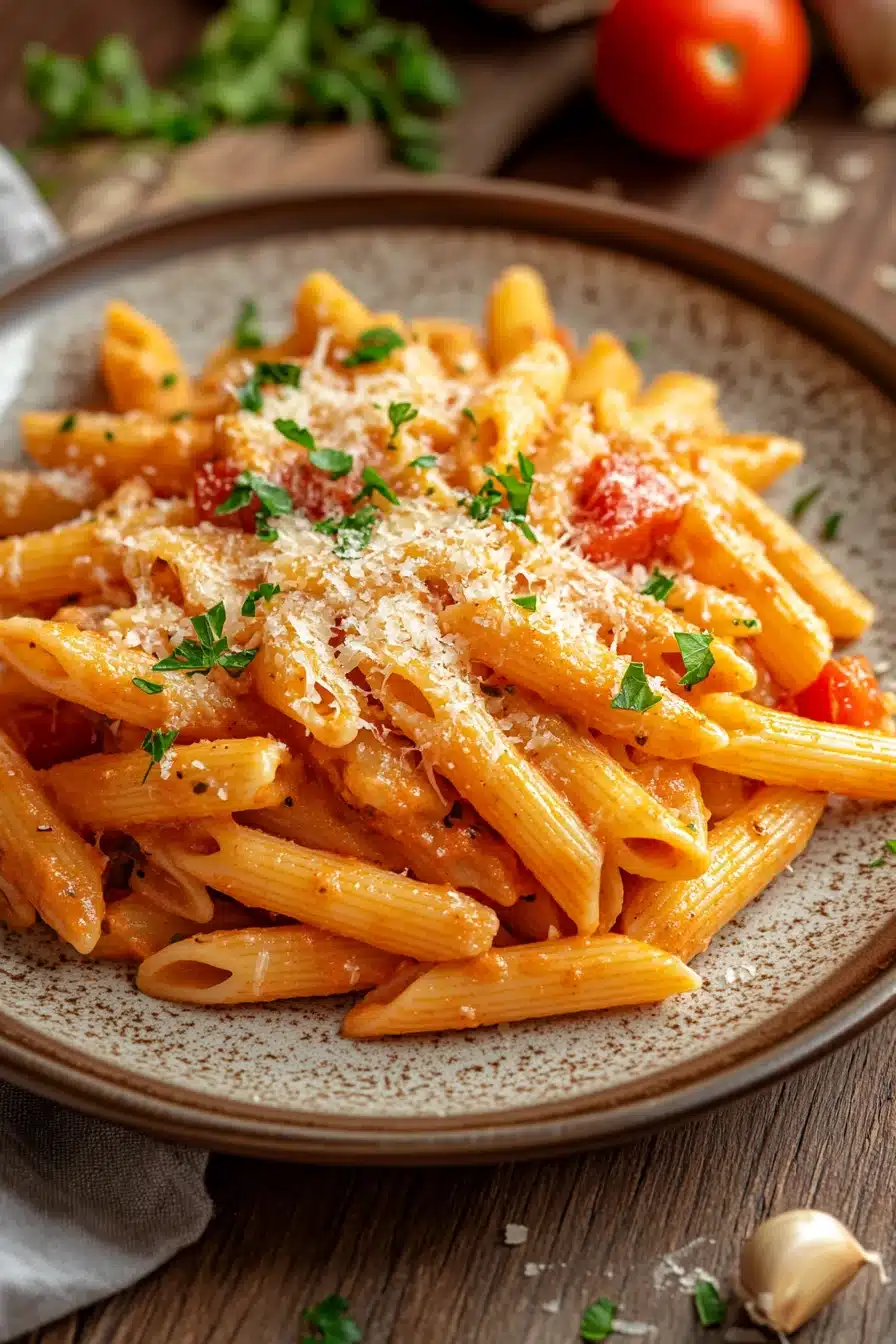 Close-up of creamy one pot paprika pasta with visible textures and warm lighting