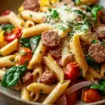 Close-up of one pot pasta with sausage in a creamy sauce, garnished with herbs.
