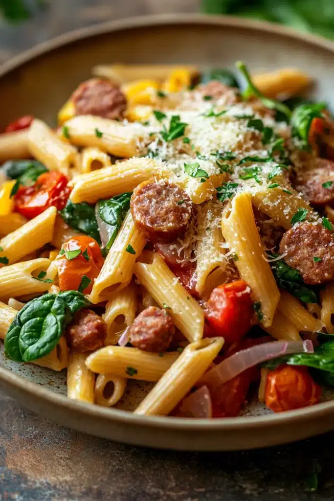 Close-up of one pot pasta with sausage in a creamy sauce, garnished with herbs.