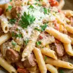 Close-up of one pot pasta with sausage in a creamy sauce, garnished with herbs.