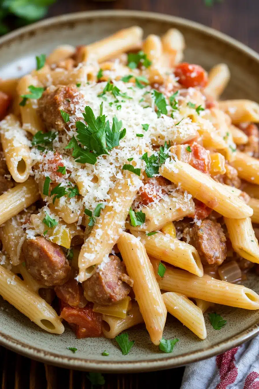 Close-up of one pot pasta with sausage in a creamy sauce, garnished with herbs.