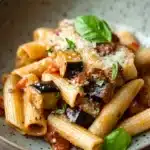 Close-up of one pot pasta with creamy sauce and cheese, garnished with herbs.