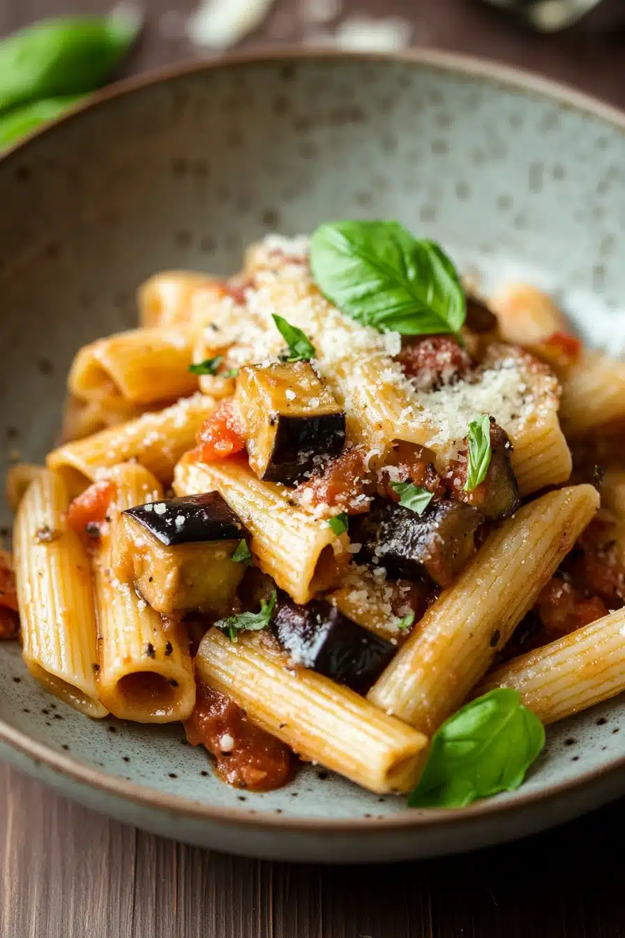 Close-up of one pot pasta with creamy sauce and cheese, garnished with herbs.
