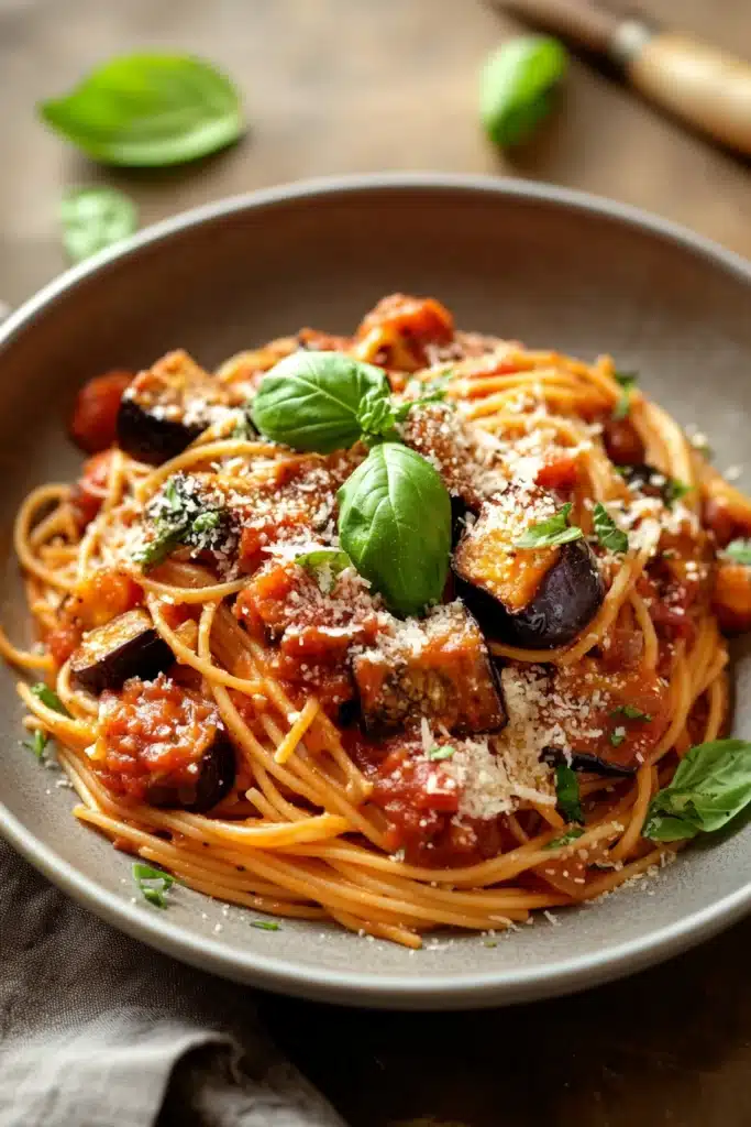 Close-up of creamy one pot pasta with aubergine and cheese in a white bowl