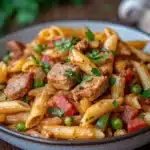 Close-up of one pot pasta jambalaya with visible pasta and ingredients in bright lighting.
