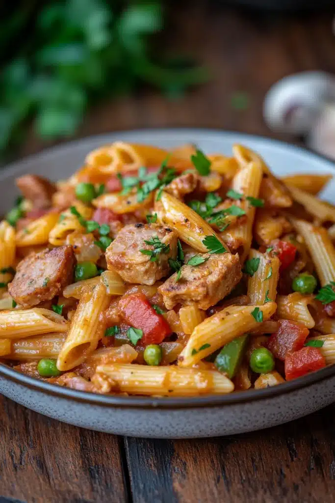 Close-up of one pot pasta jambalaya with visible pasta and ingredients in bright lighting.