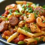 Close-up of a one pot pasta jambalaya with visible ingredients in bright natural lighting.