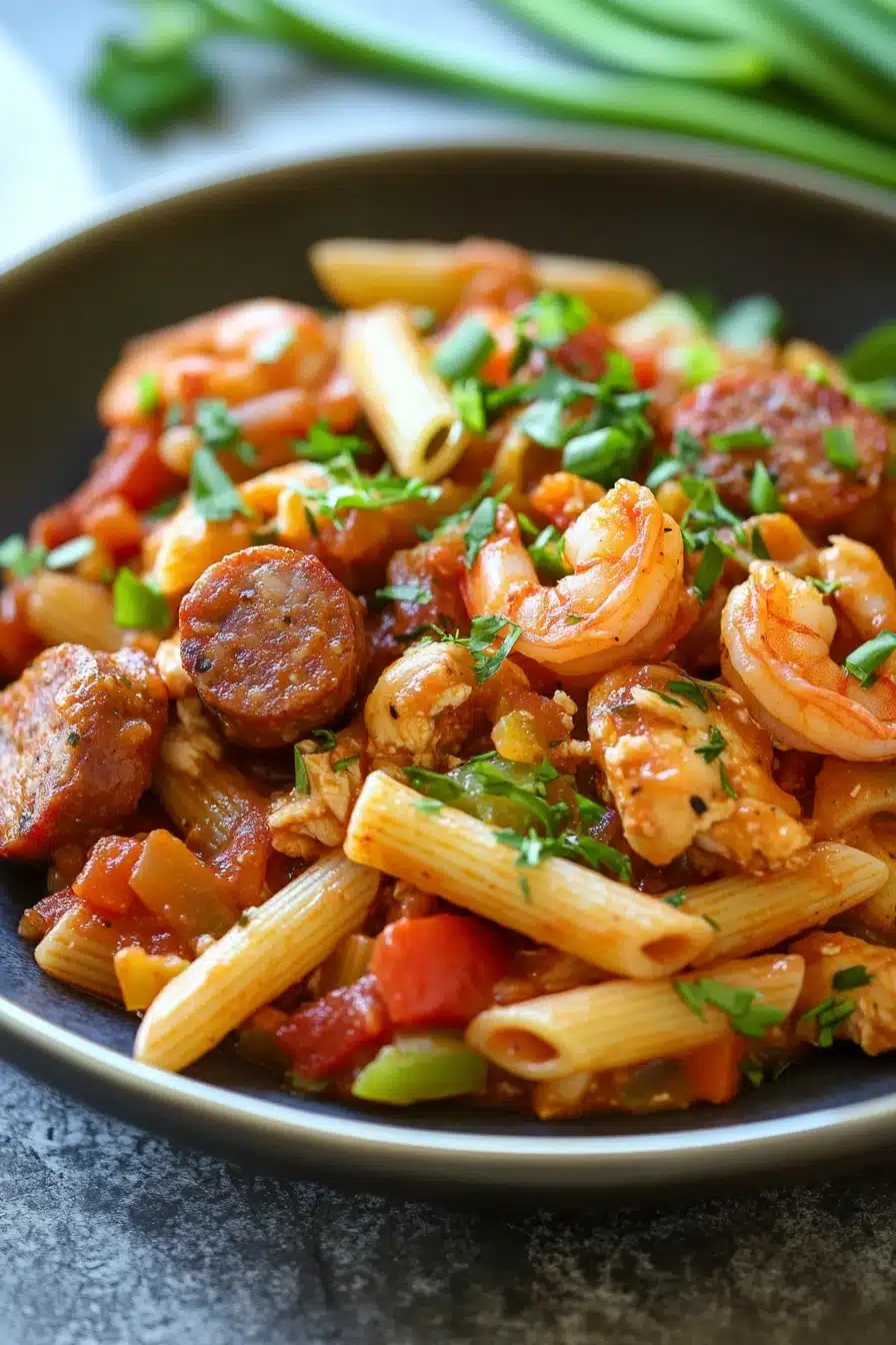 Close-up of a one pot pasta jambalaya with visible ingredients in bright natural lighting.
