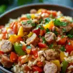Close-up of a vibrant one pot sausage, peppers, and rice dish with bright colors and appetizing presentation.