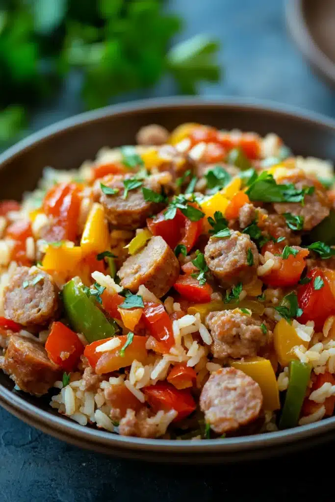 Close-up of a vibrant one pot sausage, peppers, and rice dish with bright colors and appetizing presentation.