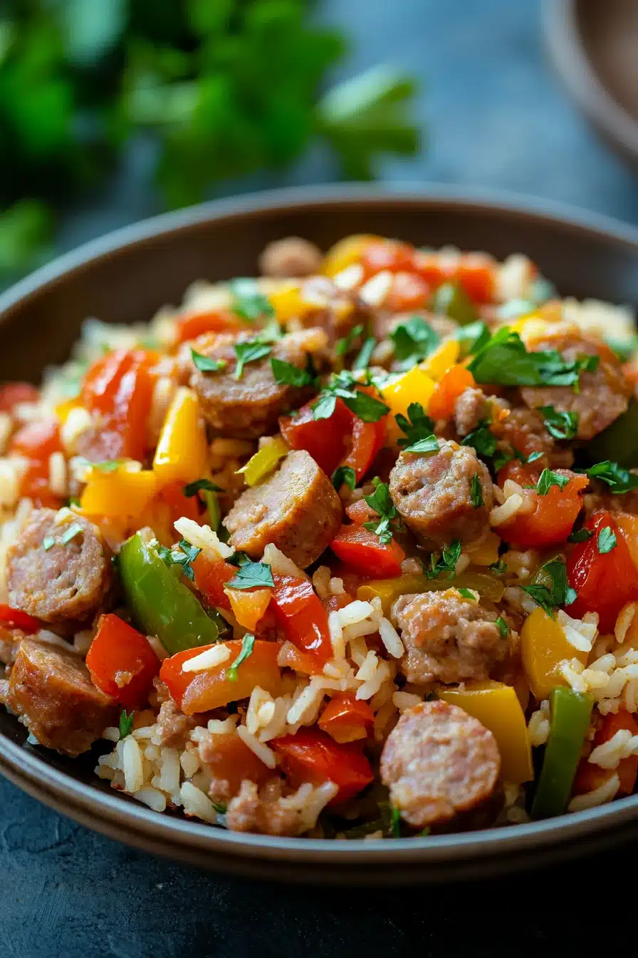 Close-up of a vibrant one pot sausage, peppers, and rice dish with bright colors and appetizing presentation.