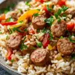 Close-up of one pot sausage peppers and rice with vibrant colors and textures