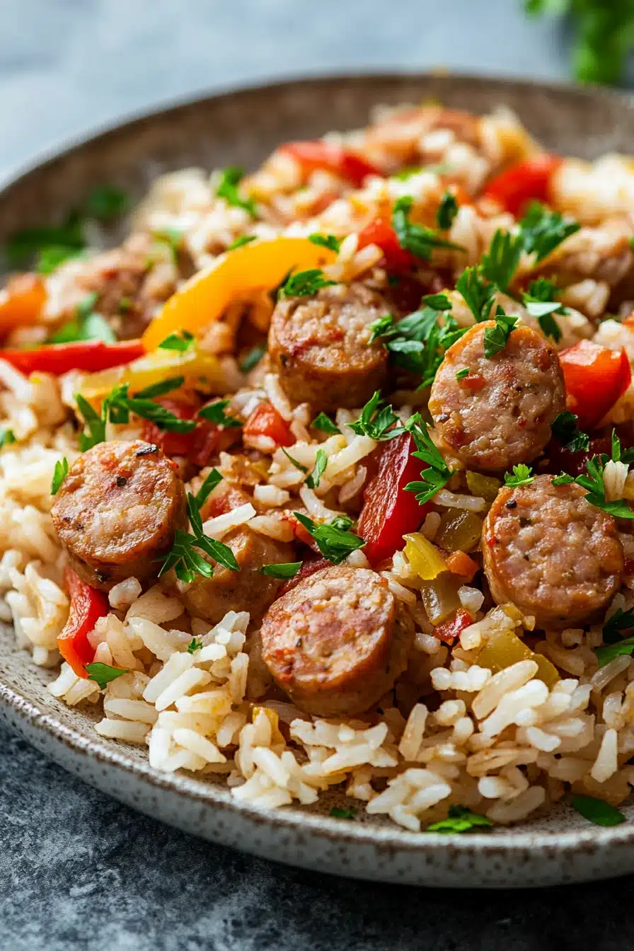 Close-up of one pot sausage peppers and rice with vibrant colors and textures