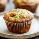 Close-up of paleo banana zucchini muffin with a golden brown top and moist texture.