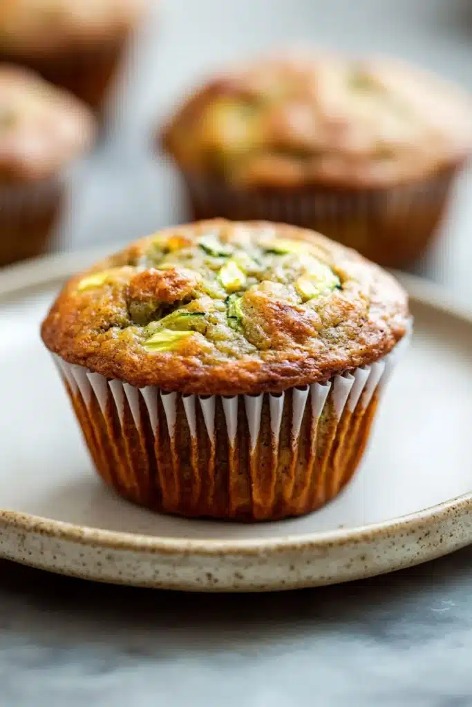 Close-up of paleo banana zucchini muffin with a golden brown top and moist texture.