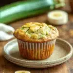 Close-up of paleo banana zucchini muffin with a golden brown crust, displayed on a minimal background.