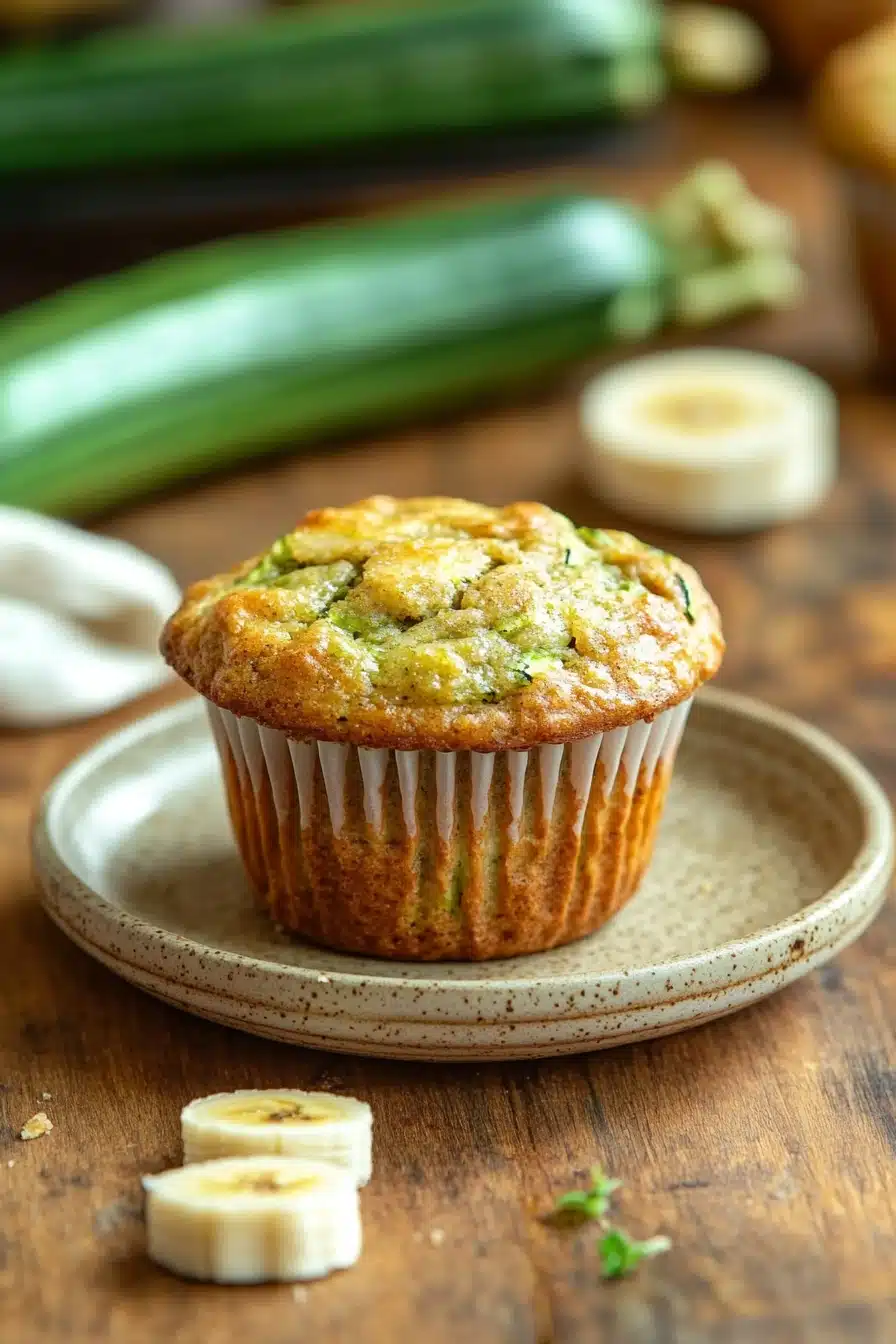 Close-up of paleo banana zucchini muffin with a golden brown crust, displayed on a minimal background.