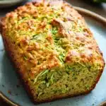 Close-up of paleo zucchini bread with a golden crust and visible zucchini shreds
