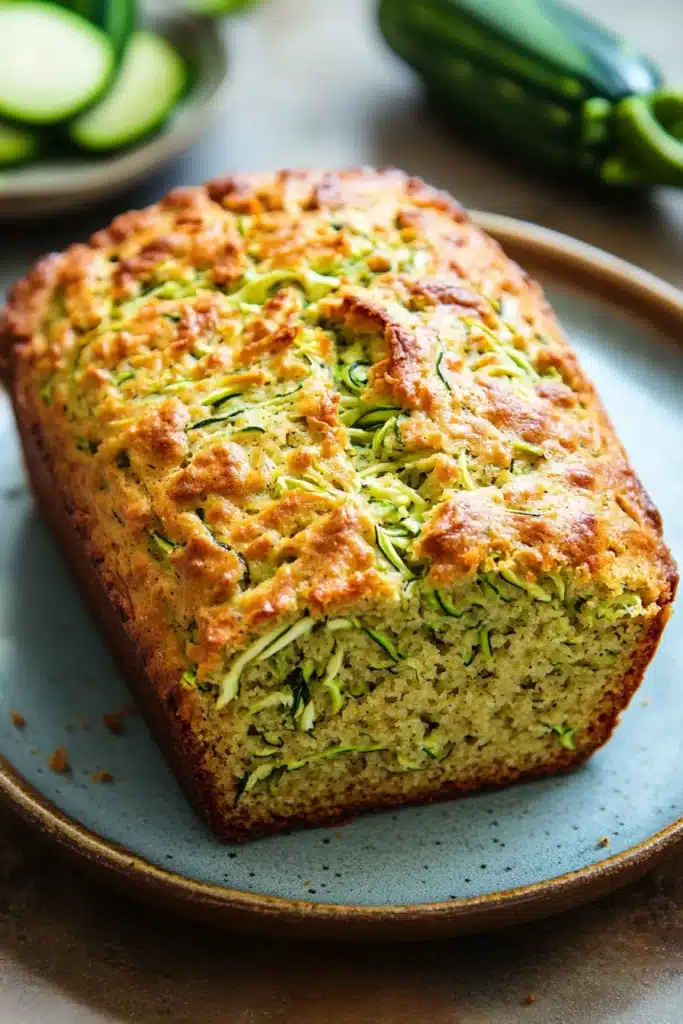Close-up of paleo zucchini bread with a golden crust and visible zucchini shreds