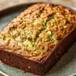 Close-up of a loaf of paleo zucchini bread with visible textures on a clean background.