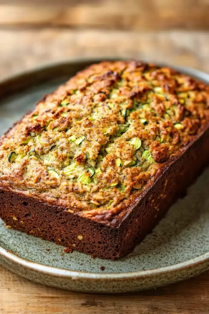 Close-up of a loaf of paleo zucchini bread with visible textures on a clean background.