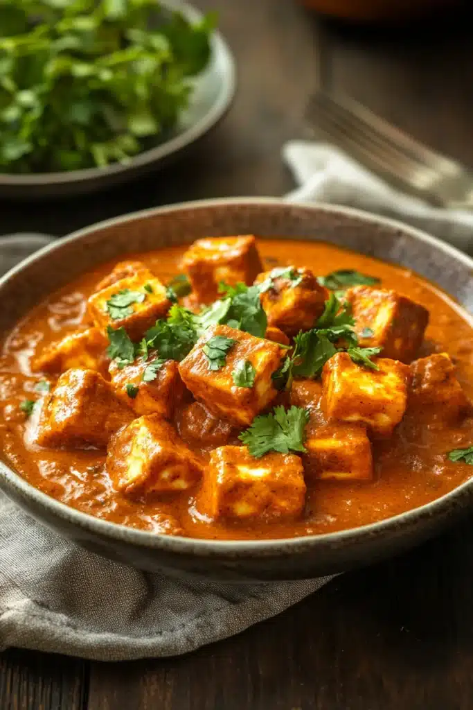 Close-up of paneer tikka masala with vibrant spices and creamy sauce