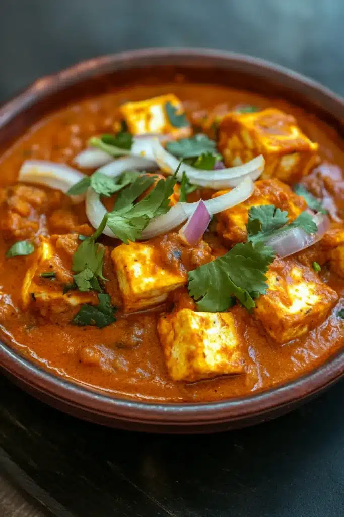 Close-up of paneer tikka masala with creamy sauce and herbs