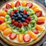 Close-up of a peanut butter cookie fruit pizza with vibrant toppings