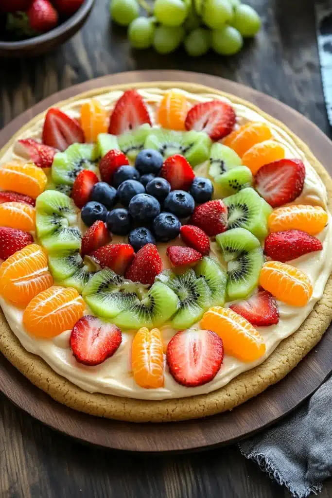 Close-up of a peanut butter cookie fruit pizza with vibrant toppings