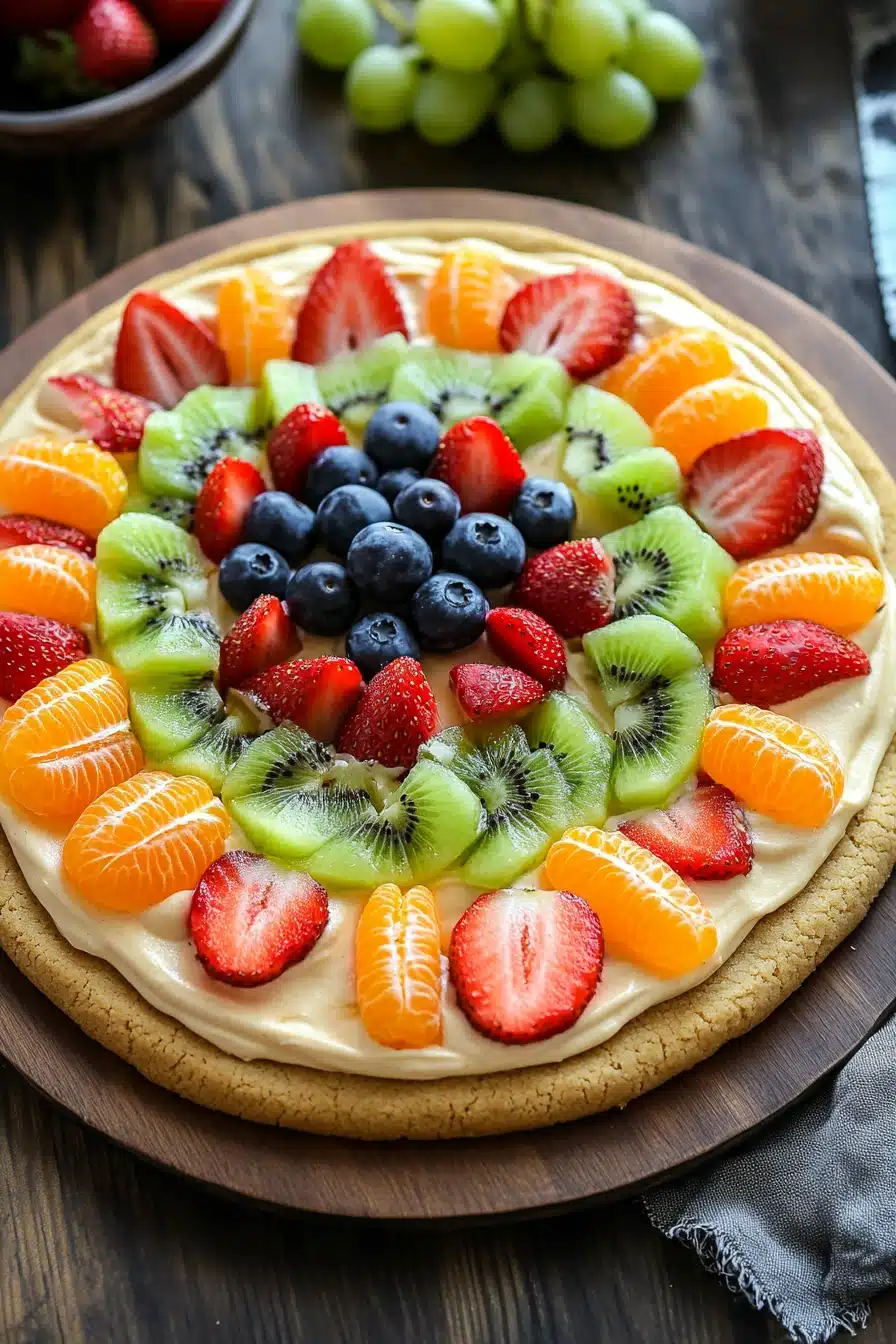 Close-up of a peanut butter cookie fruit pizza with vibrant toppings