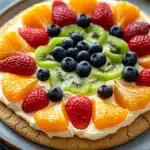Close-up of a peanut butter cookie fruit pizza with fresh fruit toppings