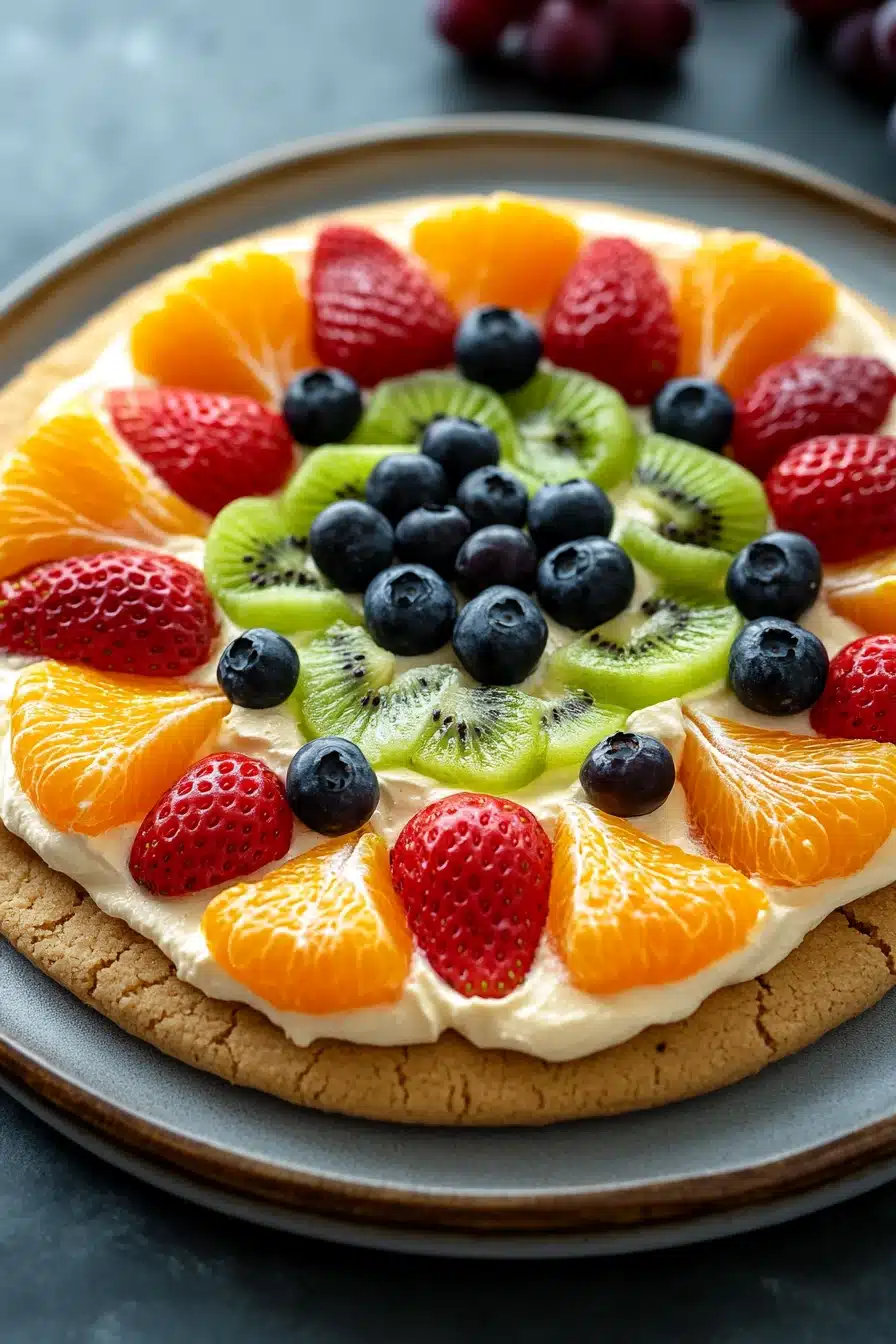 Close-up of a peanut butter cookie fruit pizza with fresh fruit toppings