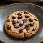 Close-up of a peanut butter cookie with chocolate chips on a minimal background.