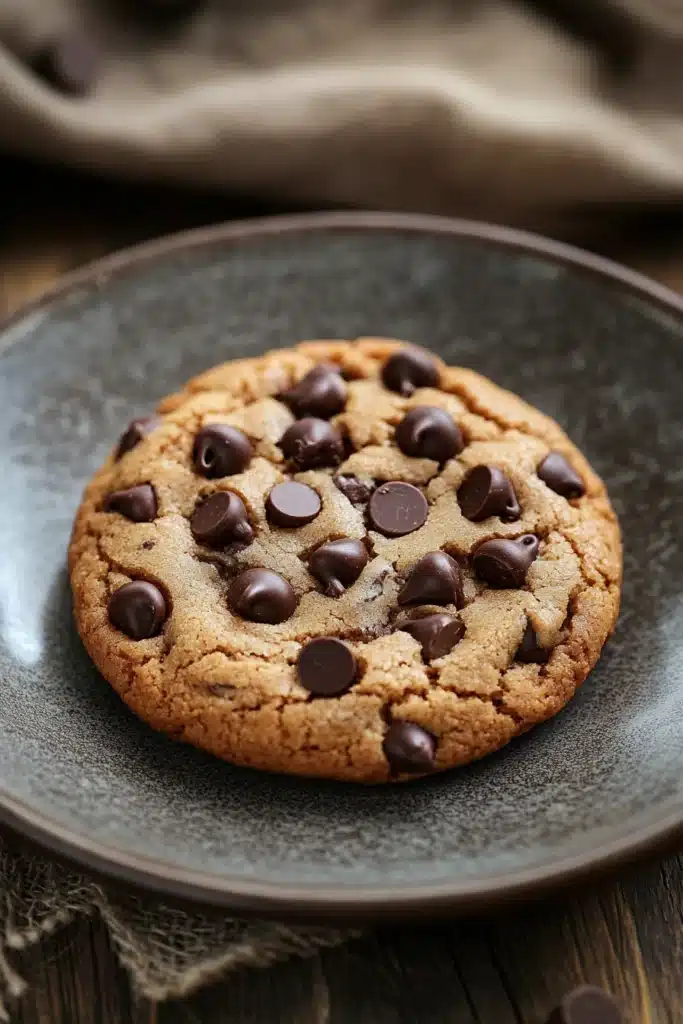 Close-up of a peanut butter cookie with chocolate chips on a minimal background.