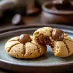 Close-up of peanut butter cookies topped with chocolate kisses on a white plate.