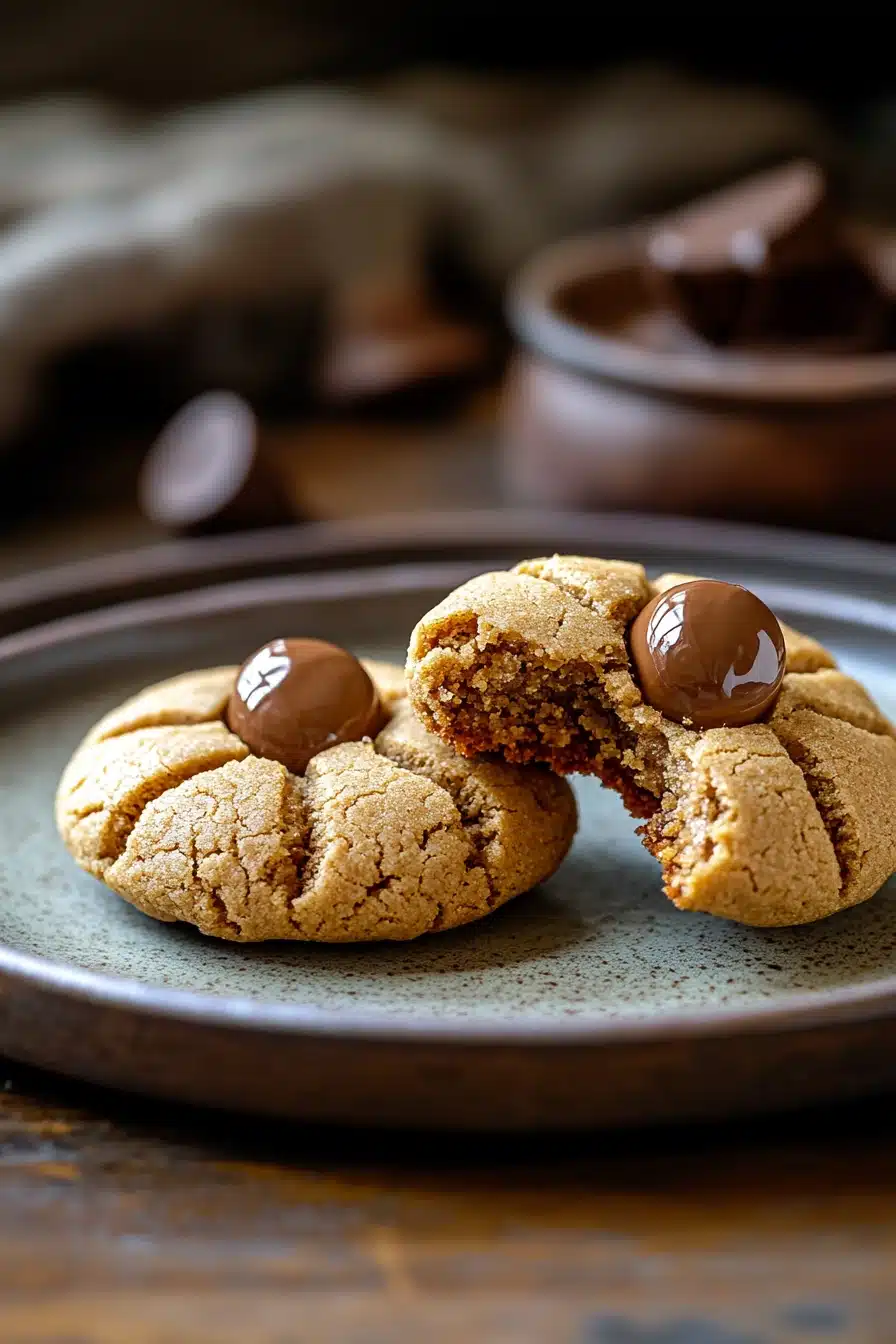Close-up of peanut butter cookies topped with chocolate kisses on a white plate.