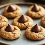 Close-up of peanut butter cookies topped with chocolate kisses on a white background.