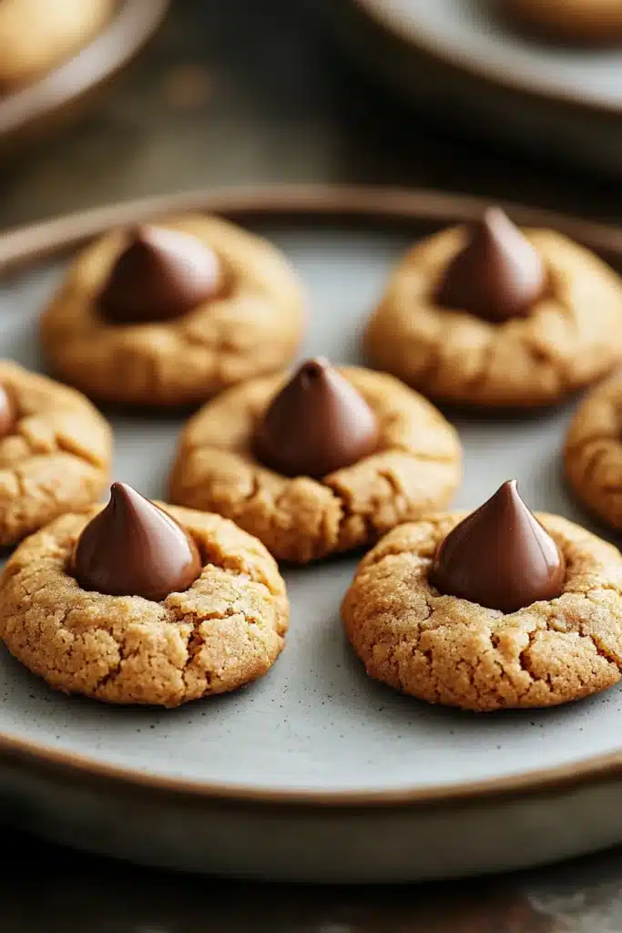 Close-up of peanut butter cookies topped with chocolate kisses on a white background.