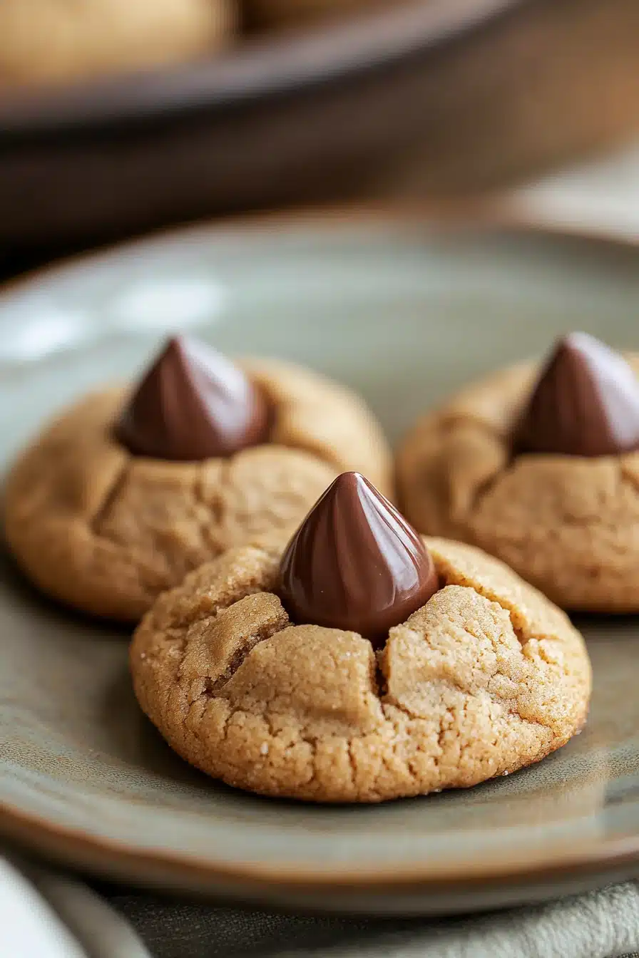 Close-up of peanut butter Hershey kiss cookies on a clean background