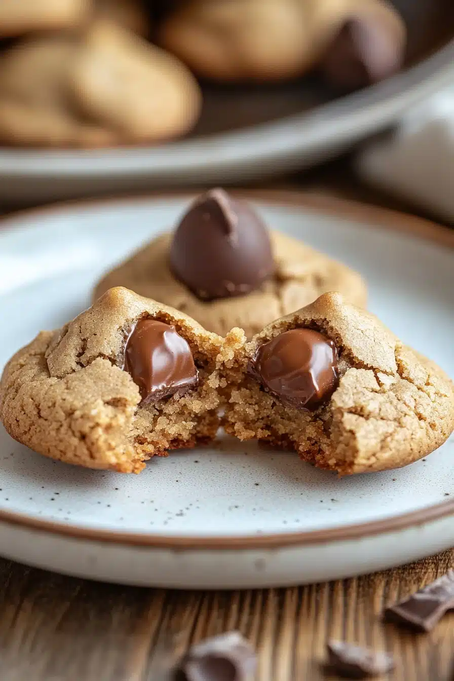Close-up of peanut butter Hershey kiss cookies on a white plate with a clean background