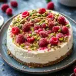 Close-up of Pistachio Raspberry Crunch Cheesecake with vibrant colors and clean background