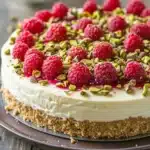 Close-up of Pistachio Raspberry Crunch Cheesecake with visible textures and clean background