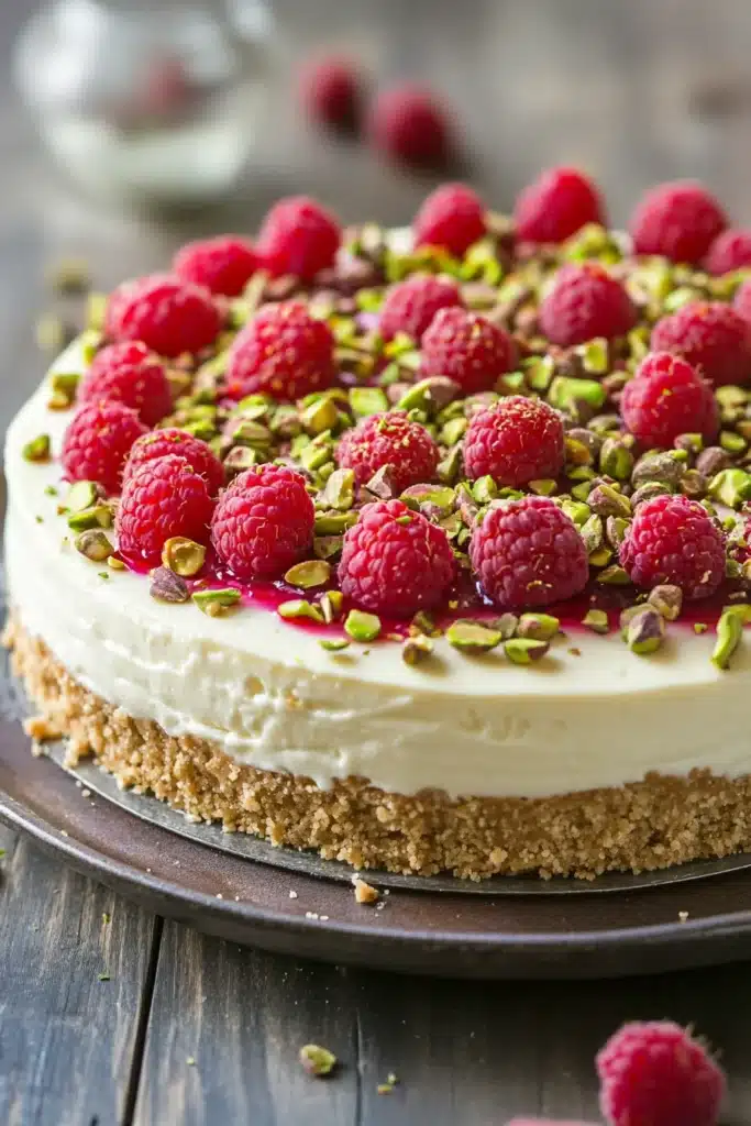 Close-up of Pistachio Raspberry Crunch Cheesecake with visible textures and clean background