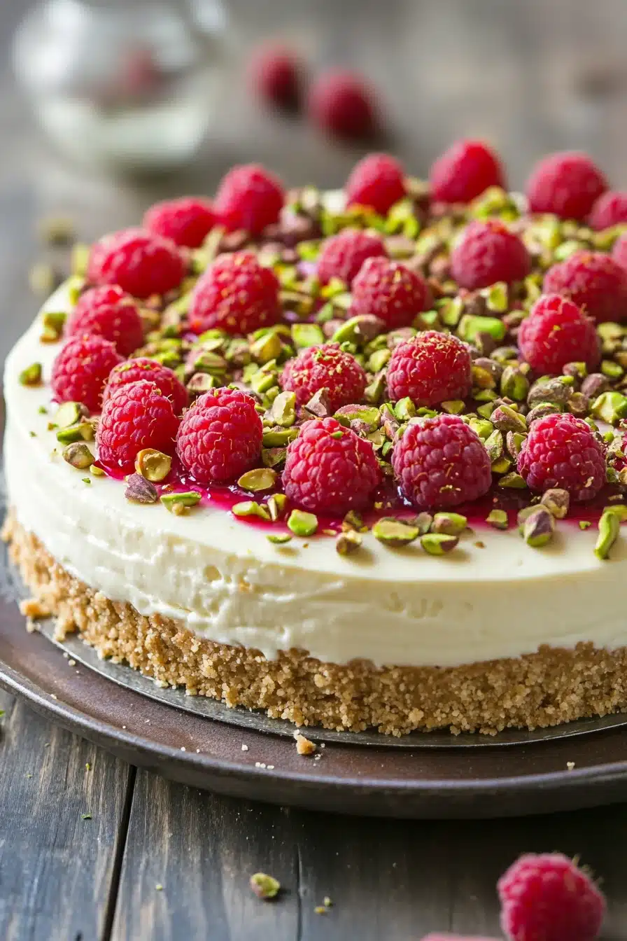 Close-up of Pistachio Raspberry Crunch Cheesecake with visible textures and clean background