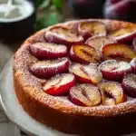 Close-up of a plum cake allo yogurt giallo zafferano with a golden crust and soft texture.
