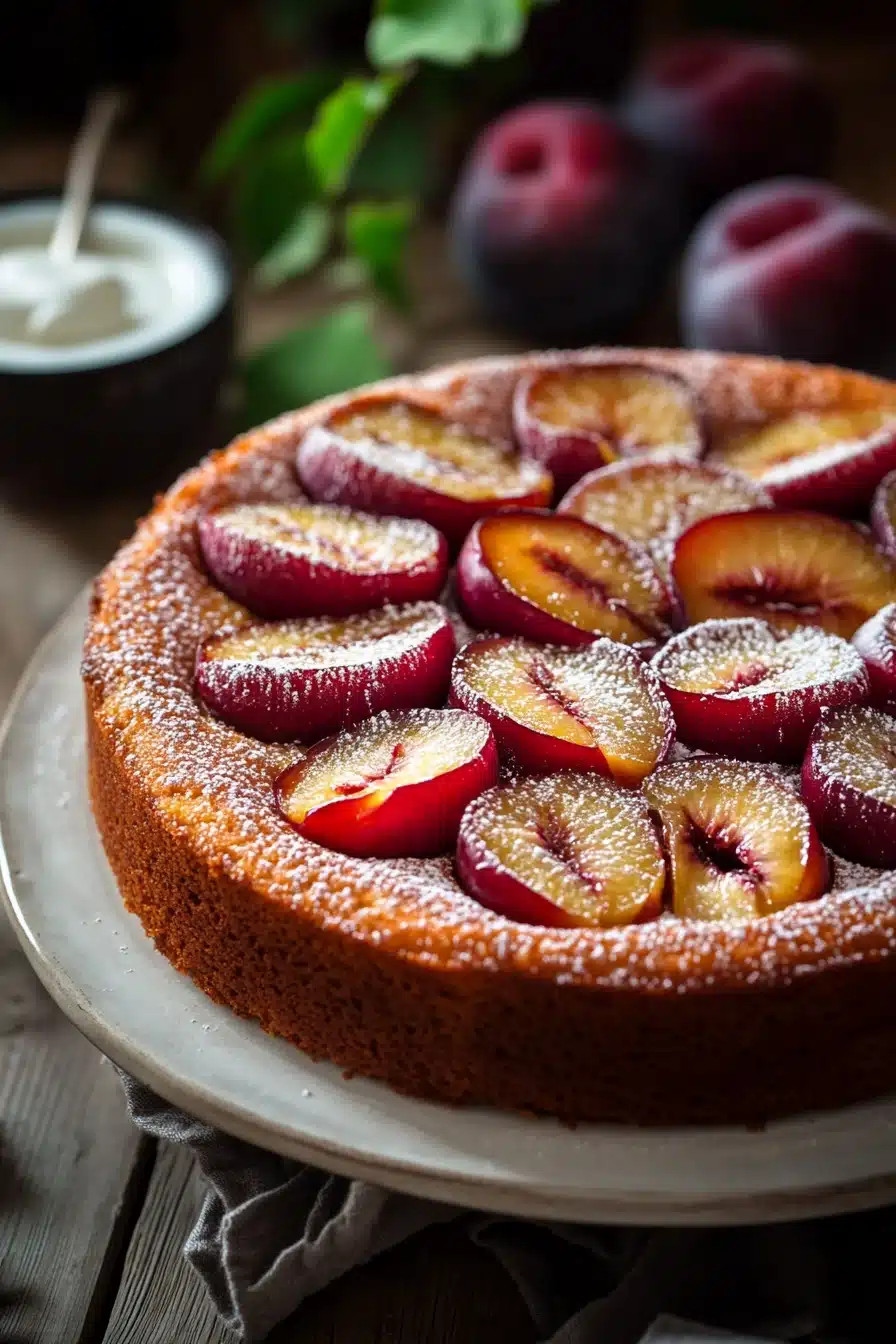 Close-up of a plum cake allo yogurt giallo zafferano with a golden crust and soft texture.